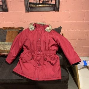 Red hooded 3/4 length bomber coat with deep pocket